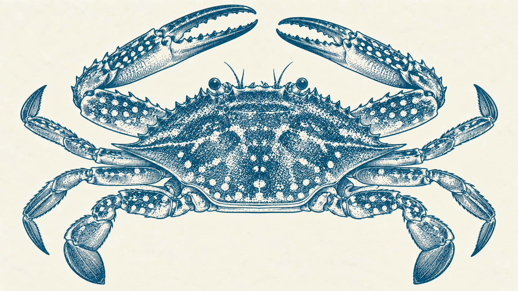 Blue Swimming Crab — blue engraved illustration on ivory paper