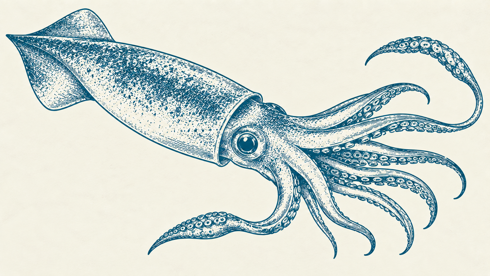 Fresh Squid — blue engraved illustration on ivory paper