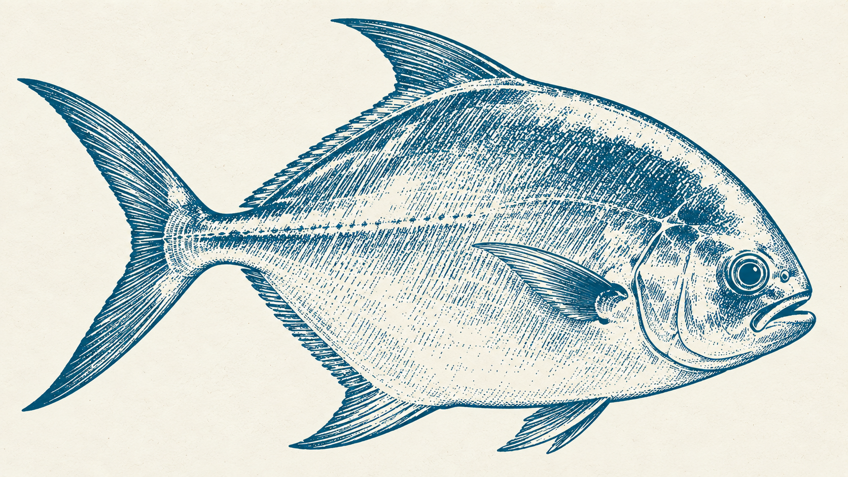 Blue engraved illustration of a pompano fish on ivory paper