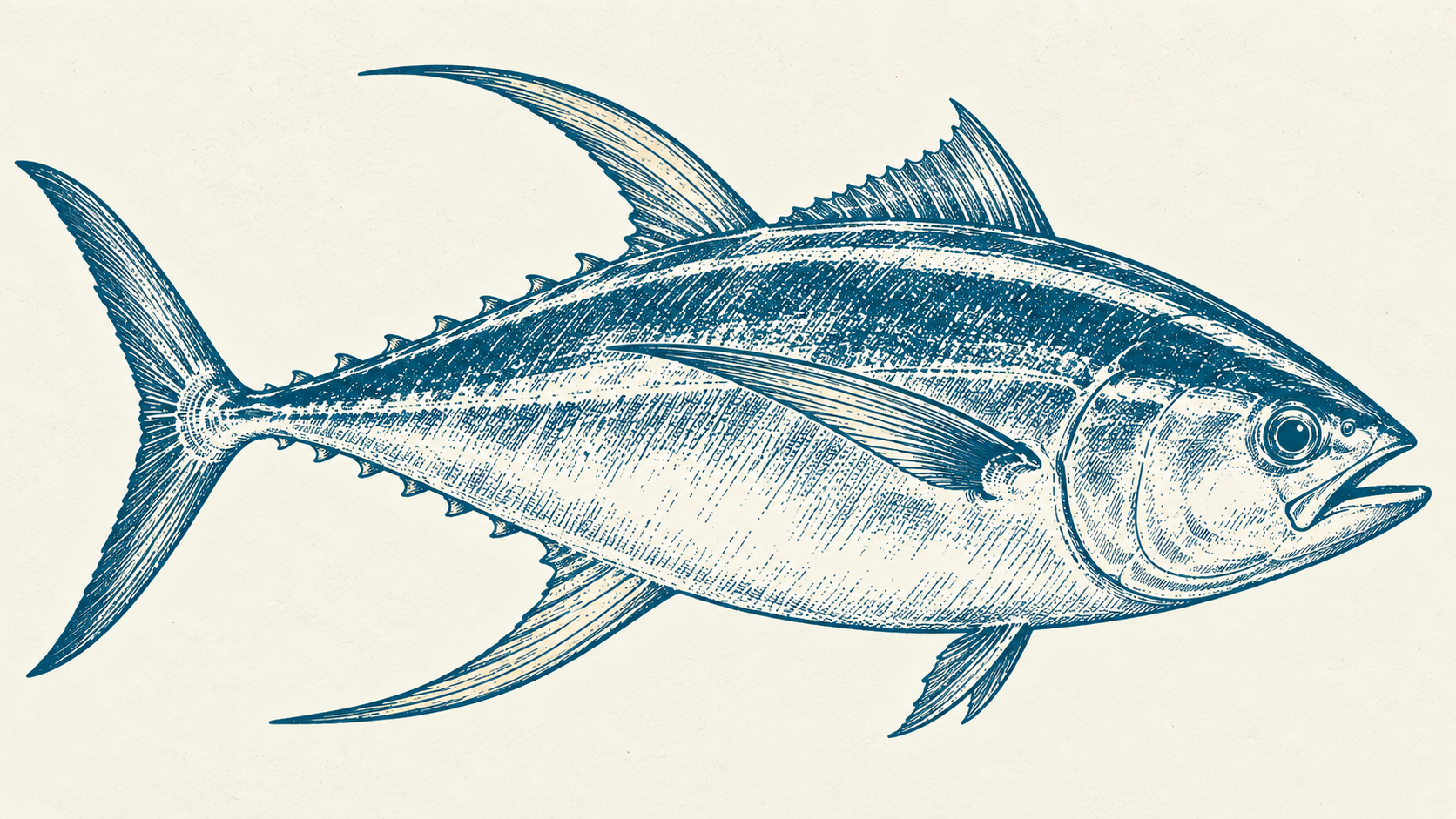 Yellowfin Tuna — blue engraved illustration on ivory paper